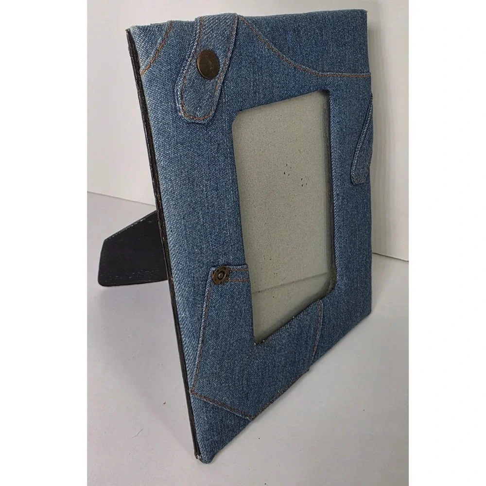 Blue Denim Fabric Picture Frame with Buttons and Contrast Stitching 4x5 Tabletop